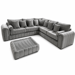 Lilly Grey Fabric Corner Sofa with Matching Footstool | Modern Large L Shape Sofa for Living Room | Deep Cushioned Family Corner Couch The Sofas Studio Corner Sofa