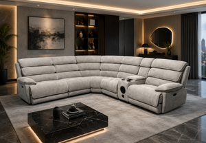 Lakelyn Fabric Recliner Corner Sofa – Light Grey Electric Recliner with Bluetooth & Storage Console The Sofas Studio Corner Sofa