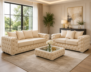 Ashton Chesterfield 3+2 Seater Sofa Set With Free Coffee Table – Luxury Cream Velvet Sofa | Modern Living Room Furniture Sofa Suite The Sofa Studio 3+2 Sofa Suite