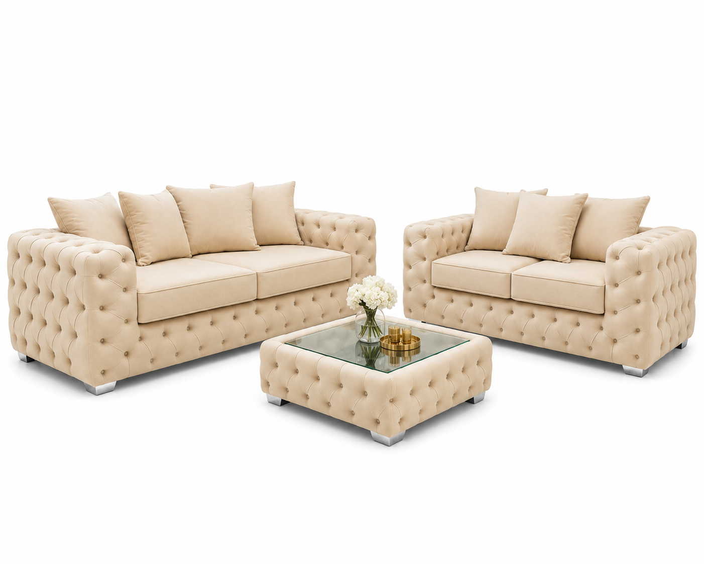 Ashton Chesterfield 3+2 Seater Sofa Set With Free Coffee Table – Luxury Cream Velvet Sofa | Modern Living Room Furniture Sofa Suite The Sofa Studio 3+2 Sofa Suite