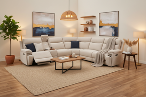 Hercules Express Fabric Electric Recliner Modular Corner Sofa With Cup Holders (Cream & Grey) - USB Charging Ports - Power Recliner Sofa - Storage Box The Sofas Studio Corner Sofa