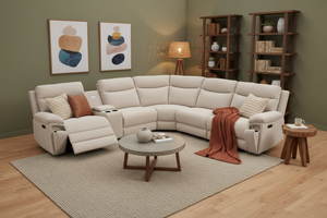 Hercules Express Fabric Electric Recliner Modular Corner Sofa With Cup Holders (Cream & Grey) - USB Charging Ports - Power Recliner Sofa - Storage Box The Sofas Studio Corner Sofa