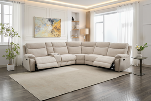 Hercules Express Fabric Electric Recliner Modular Corner Sofa With Cup Holders (Cream & Grey) - USB Charging Ports - Power Recliner Sofa - Storage Box The Sofas Studio Corner Sofa