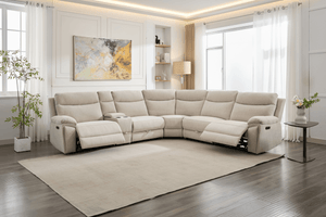 Hercules Express Fabric Electric Recliner Modular Corner Sofa With Cup Holders (Cream & Grey) - USB Charging Ports - Power Recliner Sofa - Storage Box The Sofas Studio Corner Sofa