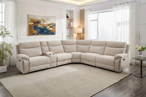 Hercules Express Fabric Electric Recliner Modular Corner Sofa With Cup Holders (Cream & Grey) - USB Charging Ports - Power Recliner Sofa - Storage Box The Sofas Studio Corner Sofa