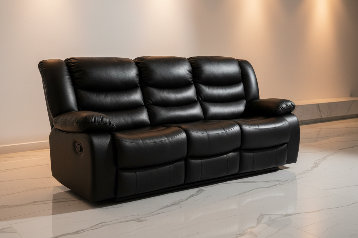 Roma Leather Recliner Sofa with Cupholders – Black 3 Seater Recliner Sofa The Sofas Studio 3 Seater Sofa