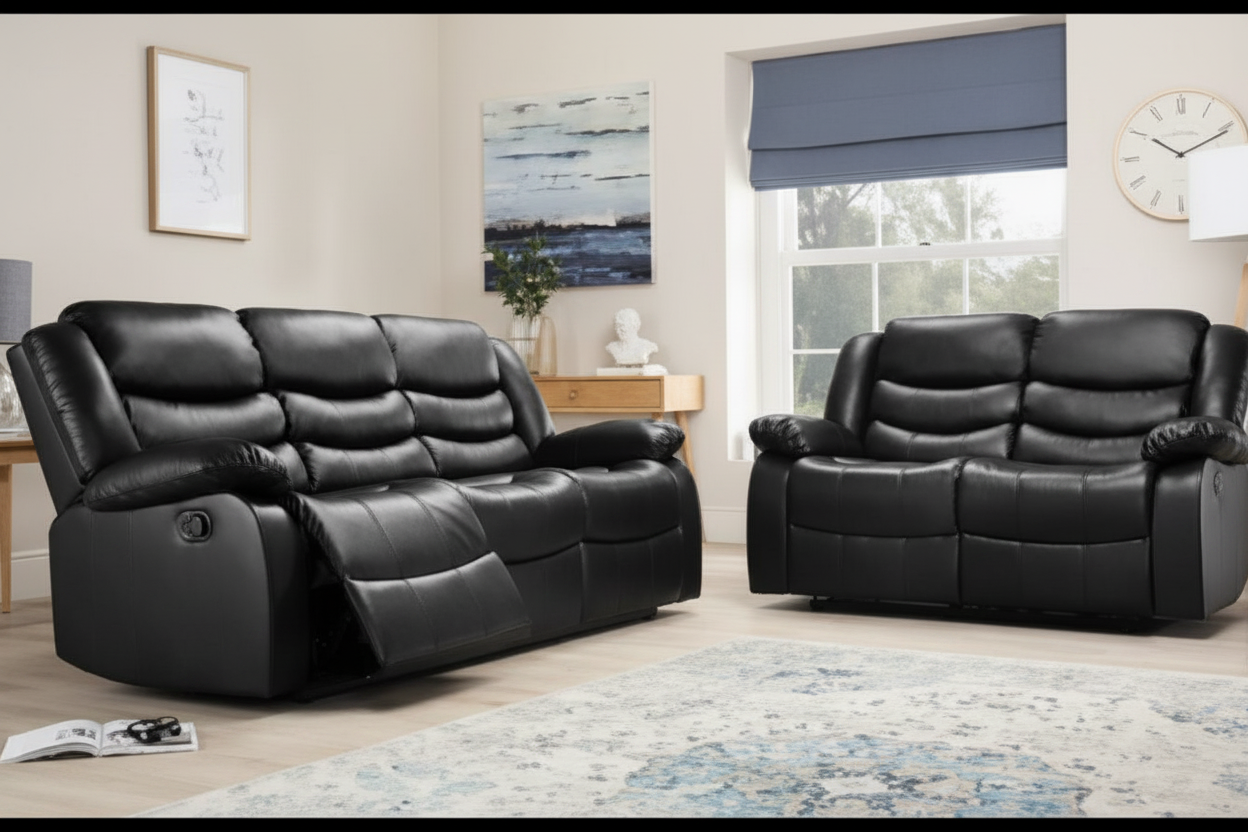Milano 3+2 Black Recliner Sofa Set with bonded leather upholstery, manual recliners and cinema-style cup holders