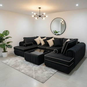 Lilly U Shape Sofa with Free Glass Coffee Table | Modern Velvet U Shaped Sofa with White Trims, Deep Cushioned Seating | Modern Living Room Furniture The Sofas Studio U Shape Sofa