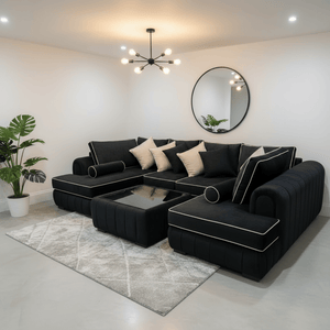 Lilly U Shape Sofa with Free Glass Coffee Table | Modern Velvet U Shaped Sofa with White Trims, Deep Cushioned Seating | Modern Living Room Furniture The Sofas Studio U Shape Sofa