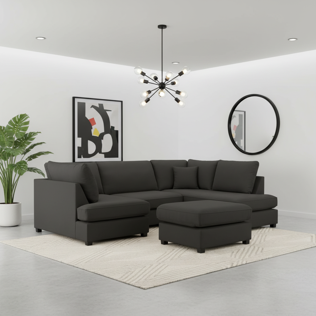 Carnaby Black Fabric U Shape High Back Corner Sofa with Footstool