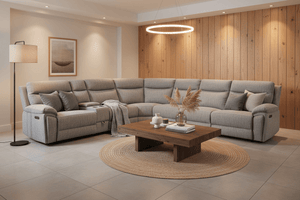 Hercules Express Fabric Electric Recliner Modular Corner Sofa With Cup Holders (Cream & Grey) - USB Charging Ports - Power Recliner Sofa - Storage Box The Sofas Studio Corner Sofa