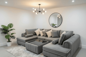 Lilly U Shape Sofa in modern velvet with white trims and deep cushions, paired with a glass coffee table from The Sofas Studi