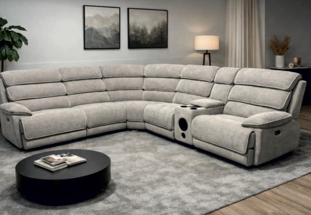 Lakelyn Fabric Recliner Corner Sofa – Light Grey Electric Recliner with Bluetooth & Storage Console The Sofas Studio Corner Sofa