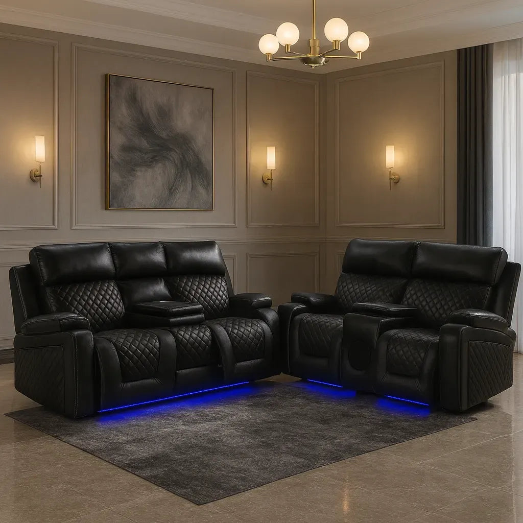 Black leather recliner sofa set in a luxurious room with feature,usb charging,speaker,drink holder