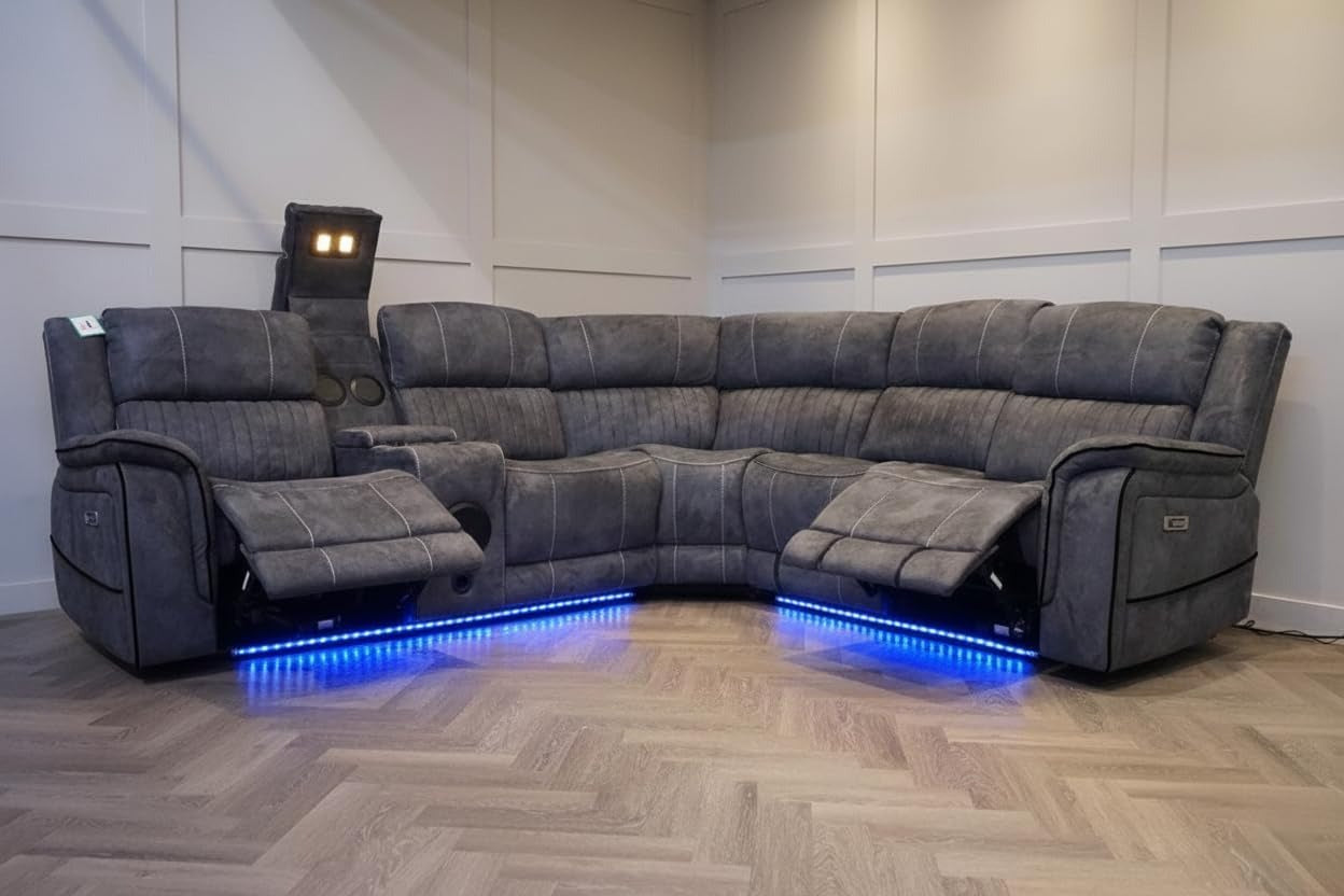 Geneva Pro Fabric Electric Recliner Corner Sofa- Fabric Corner Sofa With Cooling Cup-Holders/LED Lights/Bluetooth Speakers The Sofas Studio Corner Sofa