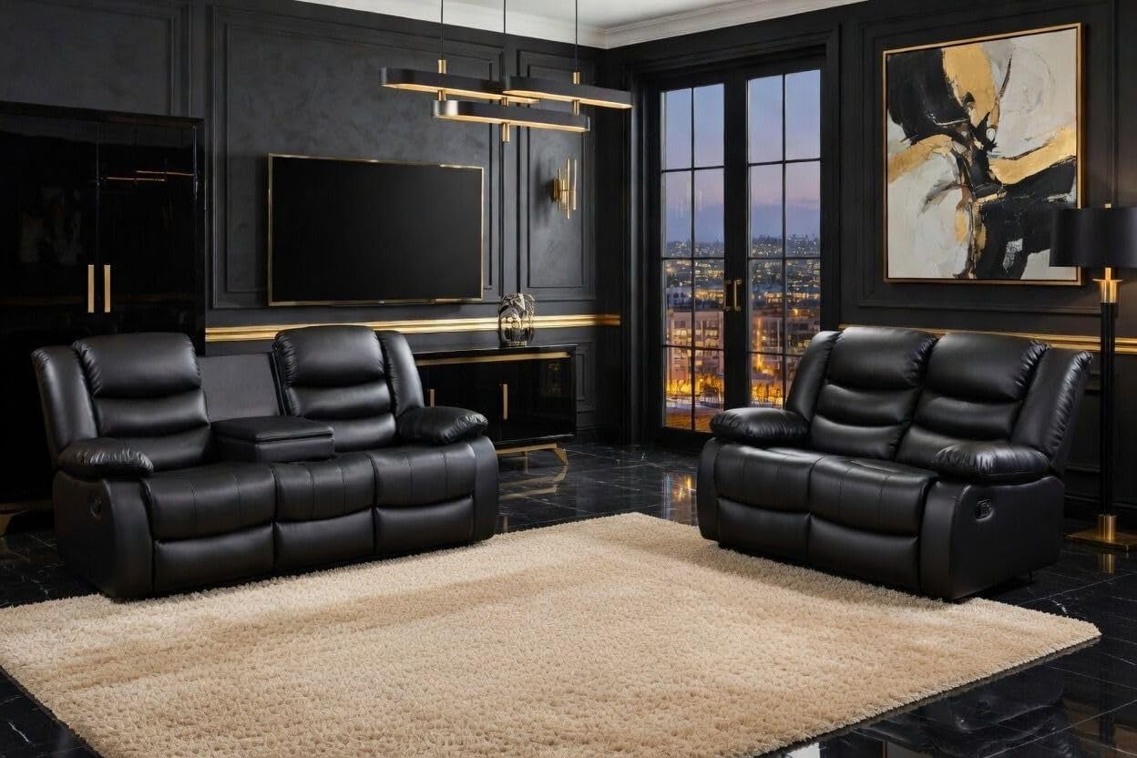 3+2 Seater Sofa Set – Black Leather Recliner Sofa with Cupholders The Sofas Studio 3+2 Sofa Suite