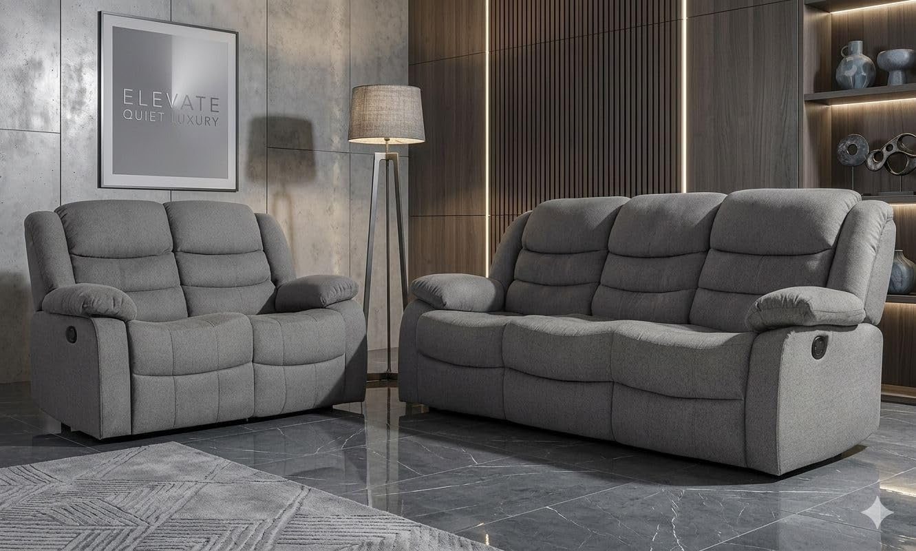 Roma Fabric Reclining Sofa Set – Grey Fabric 3+2 Seater with Cup Holders The Sofas Studio 3 Seater Sofa