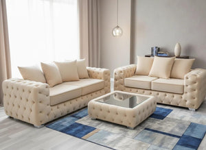 Ashton Chesterfield 3+2 Seater Sofa Set With Free Coffee Table – Luxury Cream Velvet Sofa | Modern Living Room Furniture Sofa Suite The Sofa Studio 3+2 Sofa Suite
