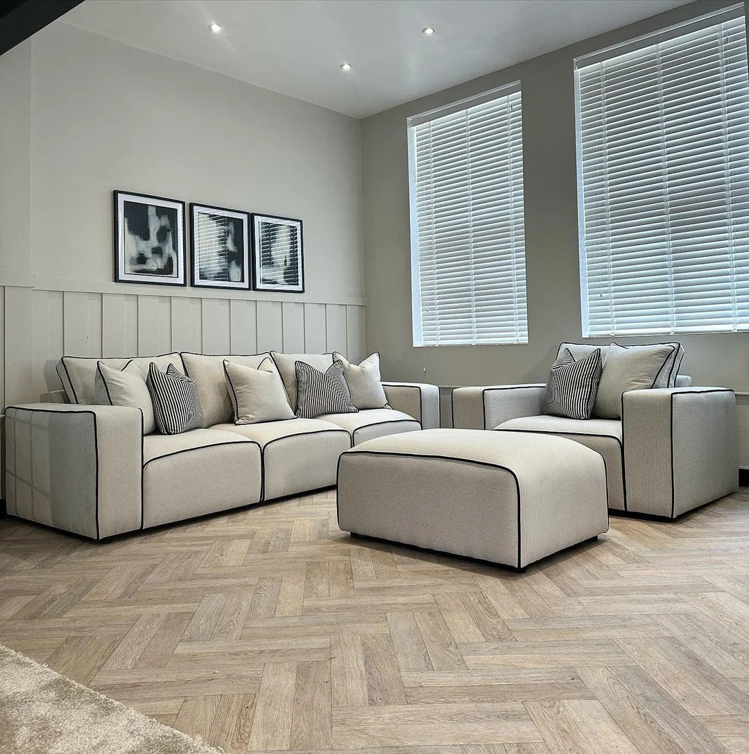 Premium CIVIC Sofa Set by The Sofas Studio, featuring a large 2-seater, armchair, and footstool in a modern design.