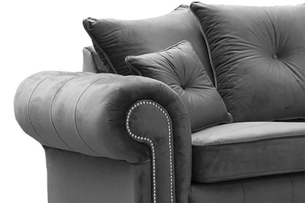 Olympia Grey Velvet Corner Sofa by The Sofas Studio, modern L-shaped design for stylish living rooms, luxurious fabric.