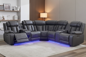 Zeus Corner Leather Electric Recliner Sofa | Luxury Home Cinema Corner Couch with Bluetooth Speakers, LED Lights & USB Charging The Sofas Studio Corner Sofa