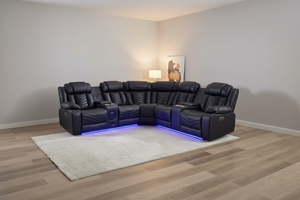Zeus Corner Leather Electric Recliner Sofa | Luxury Home Cinema Corner Couch with Bluetooth Speakers, LED Lights & USB Charging The Sofas Studio Corner Sofa