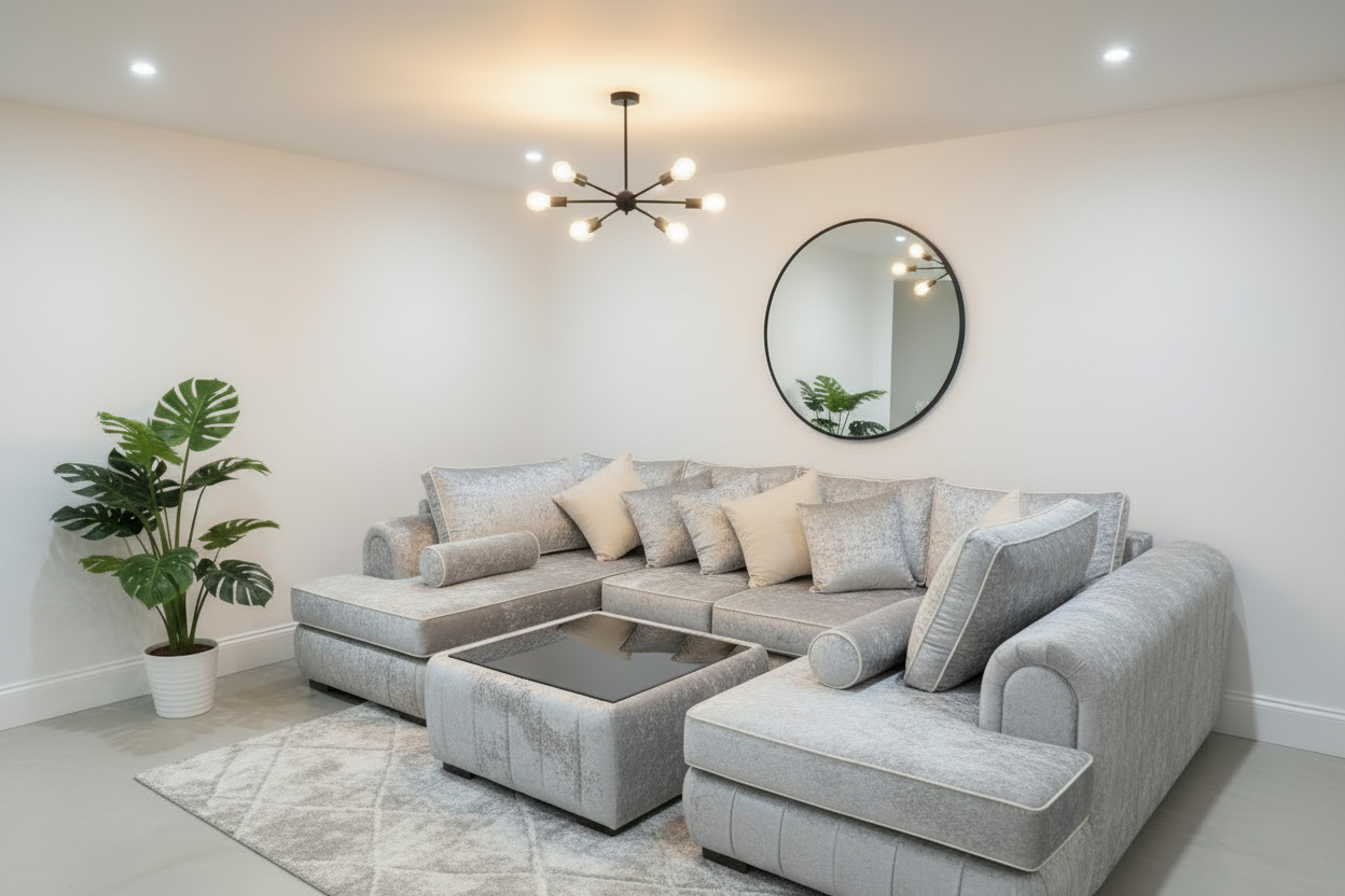 Lilly U Shape Sofa with Free Glass Coffee Table | Modern Velvet U Shaped Sofa with White Trims, Deep Cushioned Seating | Modern Living Room Furniture