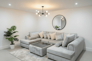 Lilly U Shape Sofa in modern velvet with white trims, deep cushions, and free glass coffee table by The Sofas Studio.