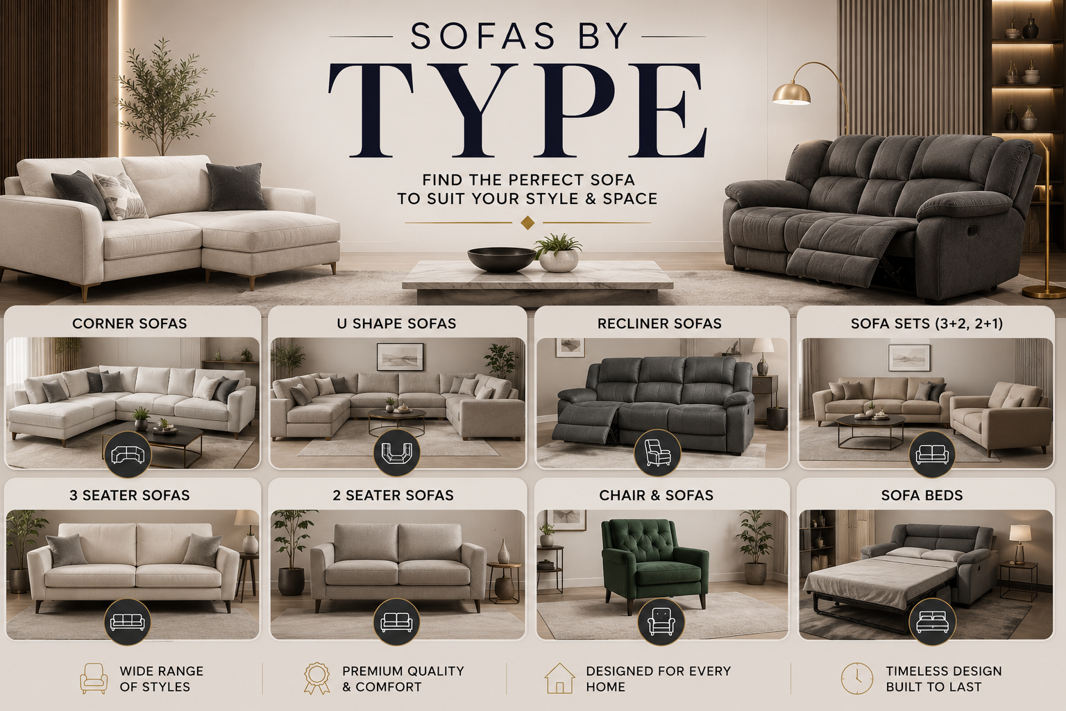 Sofas by Type with corner sofas, U shape sofas, recliner sofas, sofa sets and sofa beds