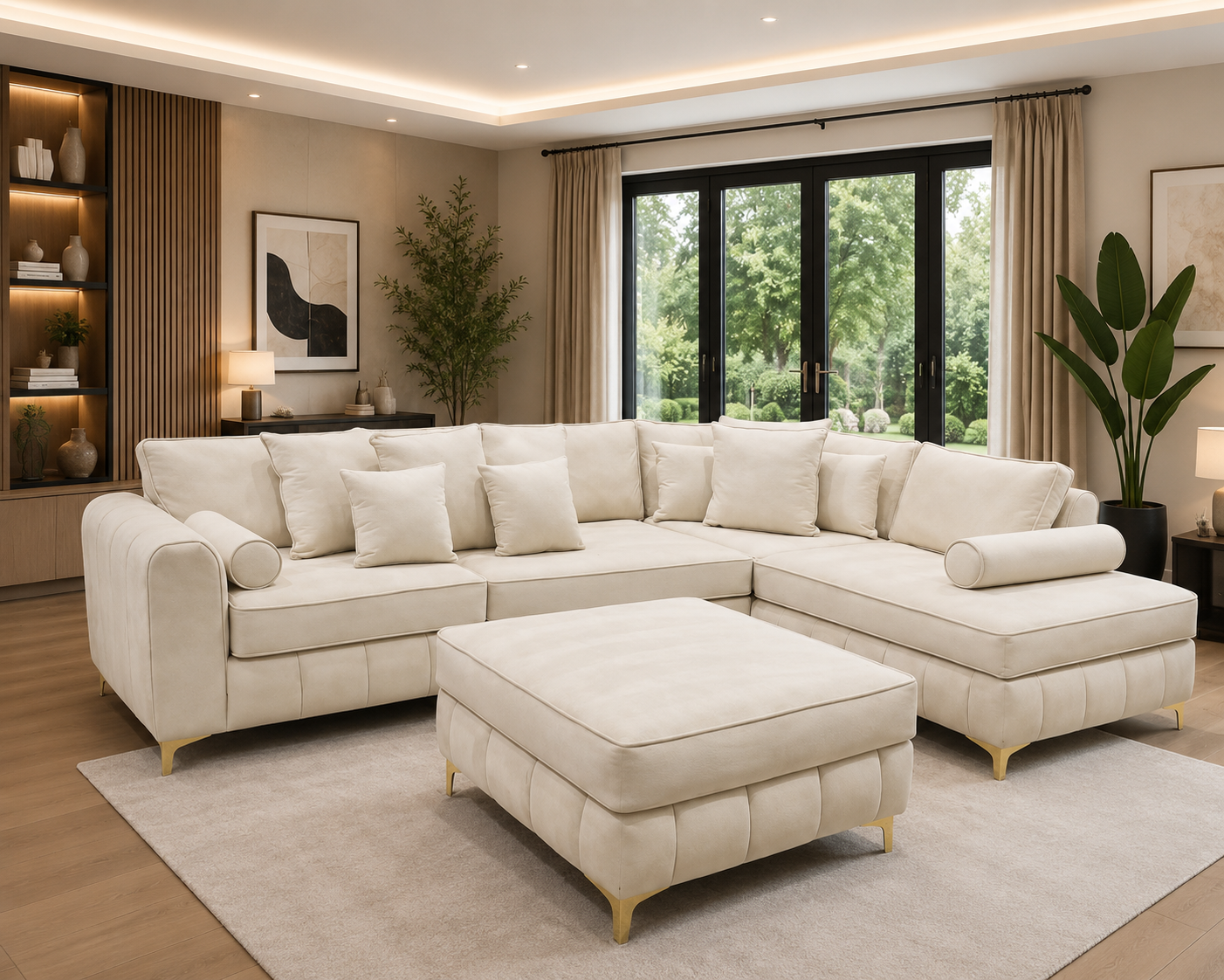 Lilly L Shape cream corner sofa with golden legs and free stool, right hand facing, by The Sofas Studio.