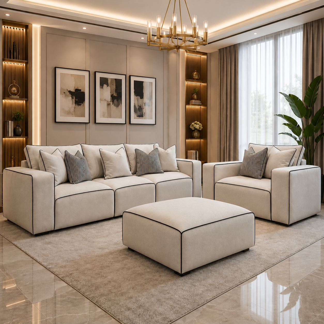 Premium CIVIC Sofa Set by The Sofas Studio in cream fabric, includes large armchair, 2-seater sofa, and footstool.