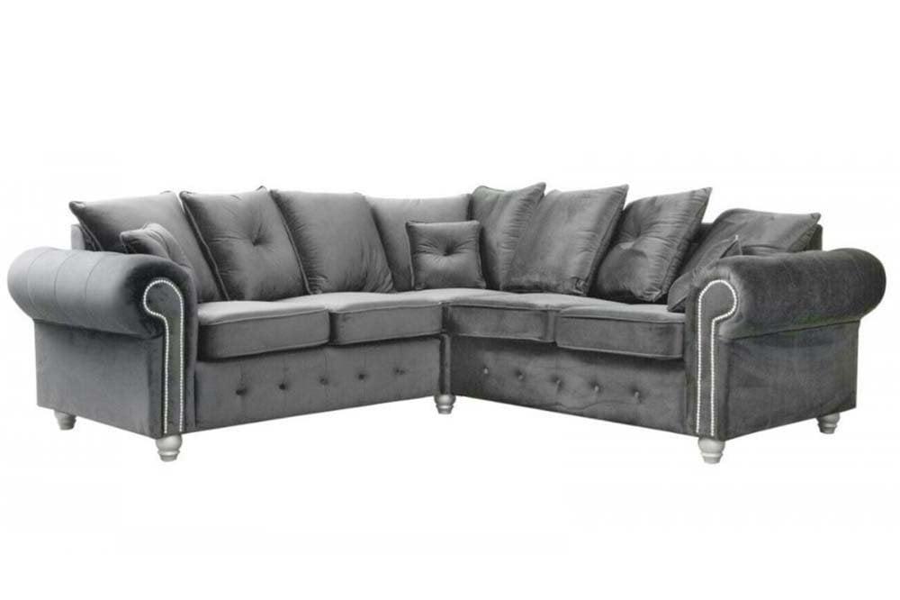 Olympia Grey Velvet Corner Sofa by The Sofas Studio, modern L-shaped design for stylish living rooms.