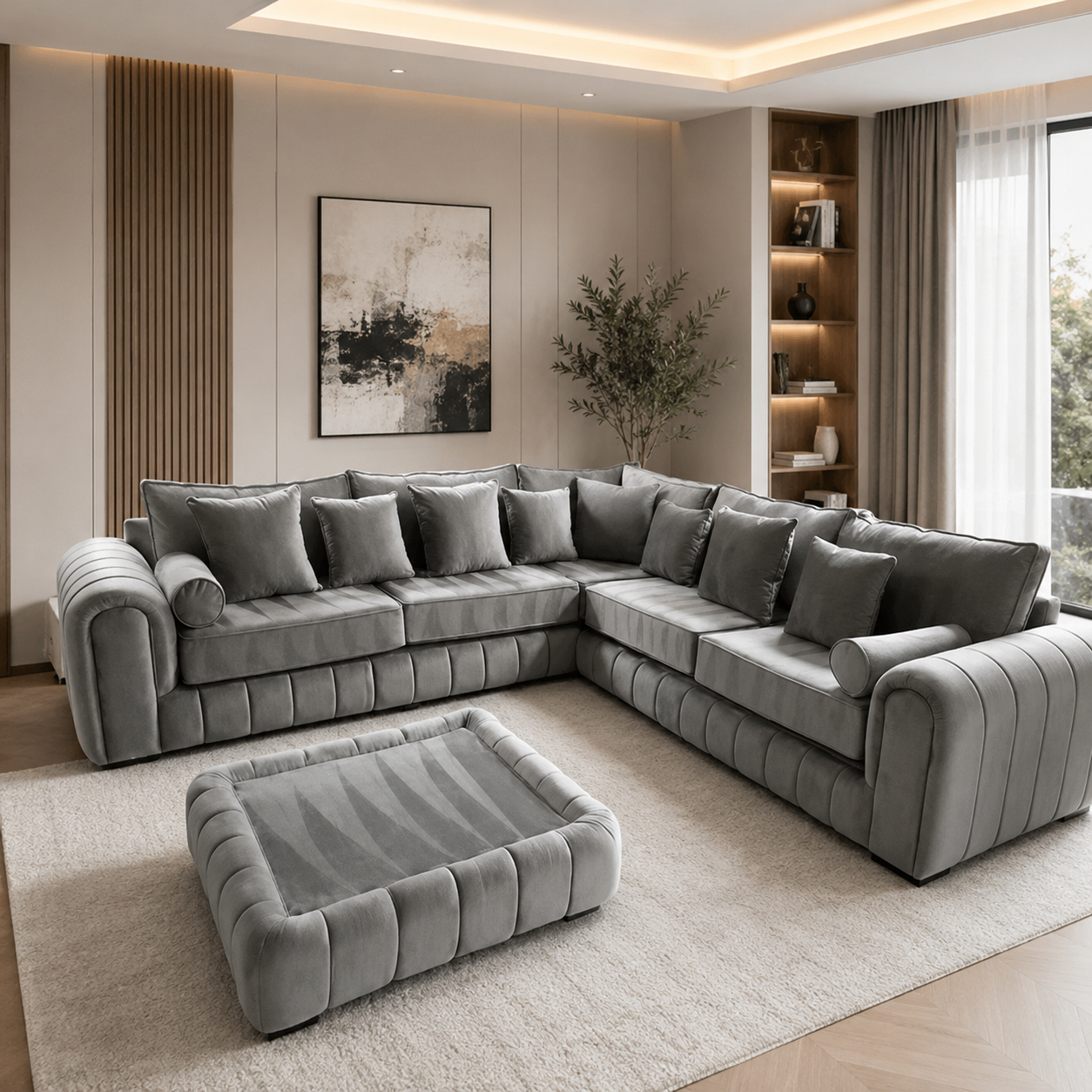 Lilly Grey Fabric Corner Sofa with Matching Footstool | Modern Large L Shape Sofa for Living Room | Deep Cushioned Family Corner Couch The Sofas Studio Corner Sofa