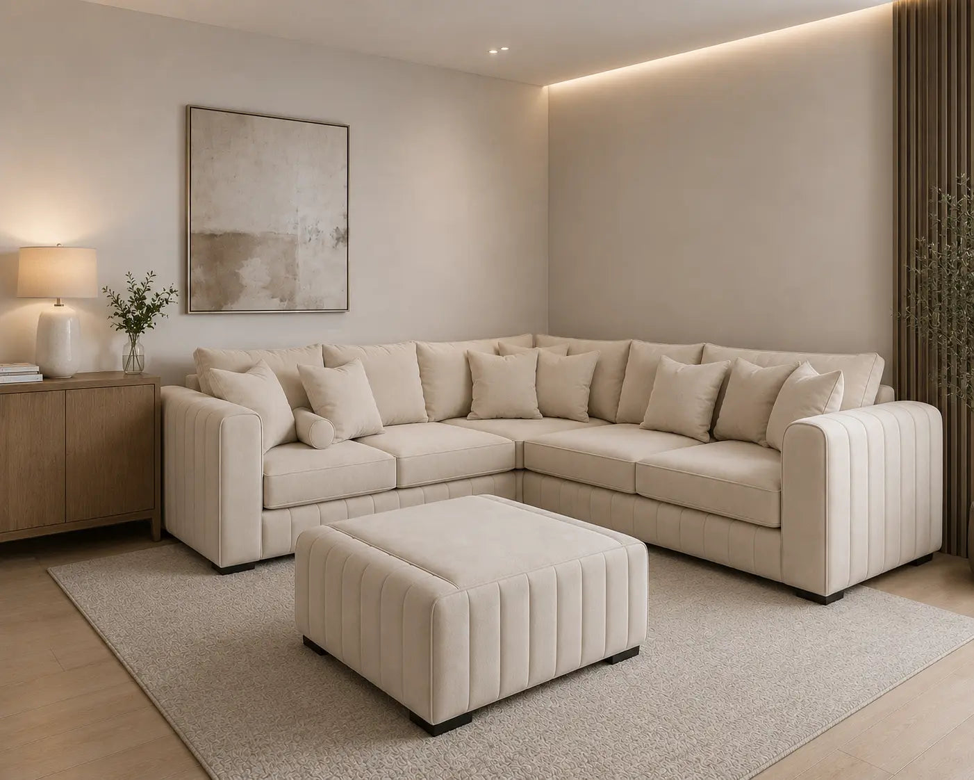 Lilly Corner Sofa Cream Plush Velvet With Matching Cushion & Footstool The Sofas Studio