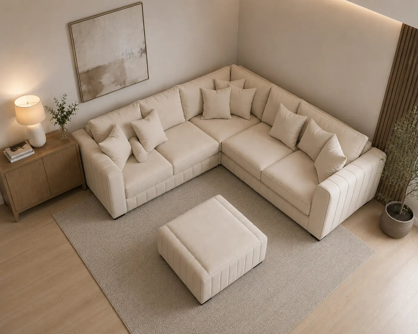 Lilly Corner Sofa Cream Plush Velvet With Matching Cushion & Footstool The Sofas Studio