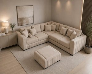 Lilly Corner Sofa Cream Plush Velvet With Matching Cushion & Footstool The Sofas Studio