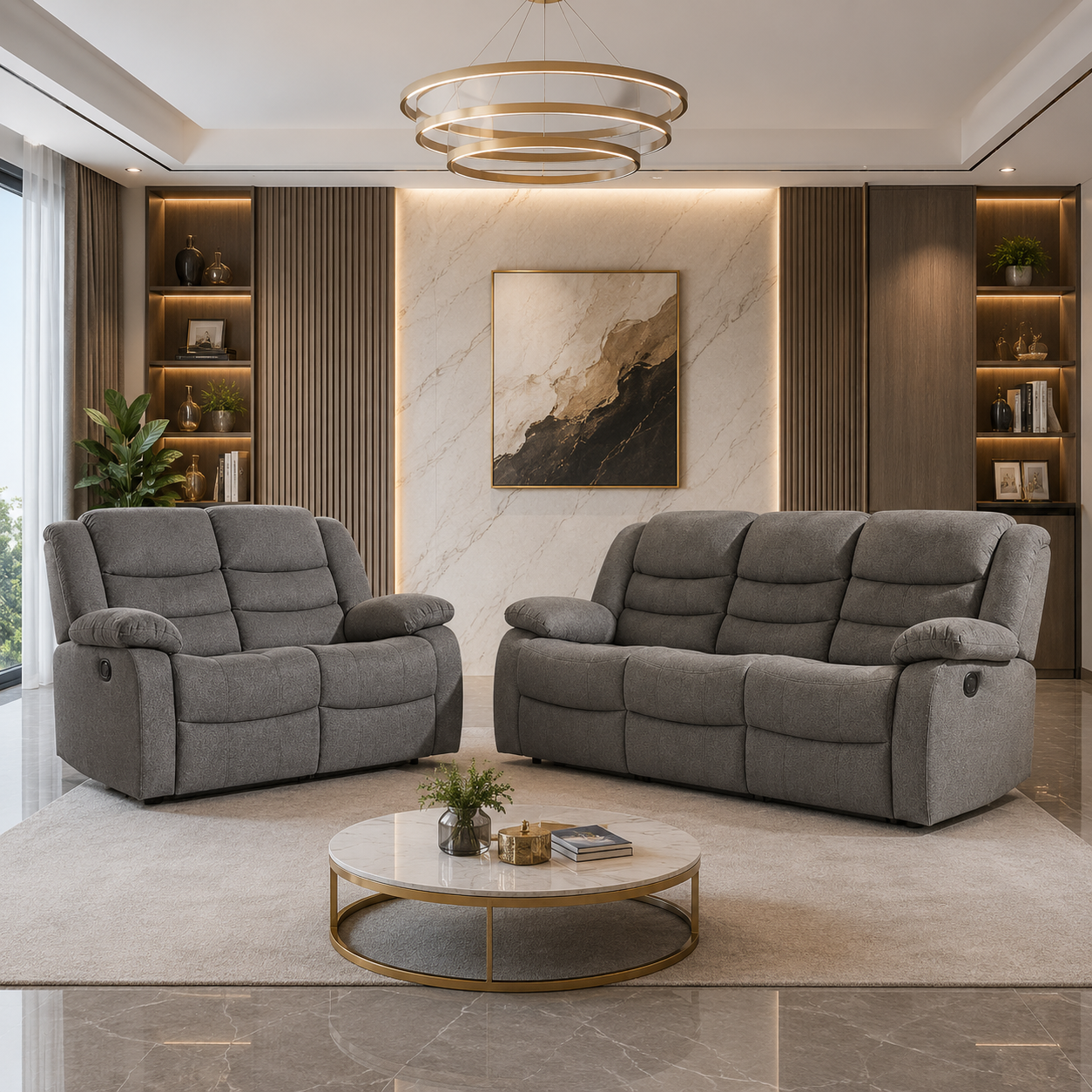 Roma Fabric Reclining Sofa Set – Grey Fabric 3+2 Seater with Cup Holders