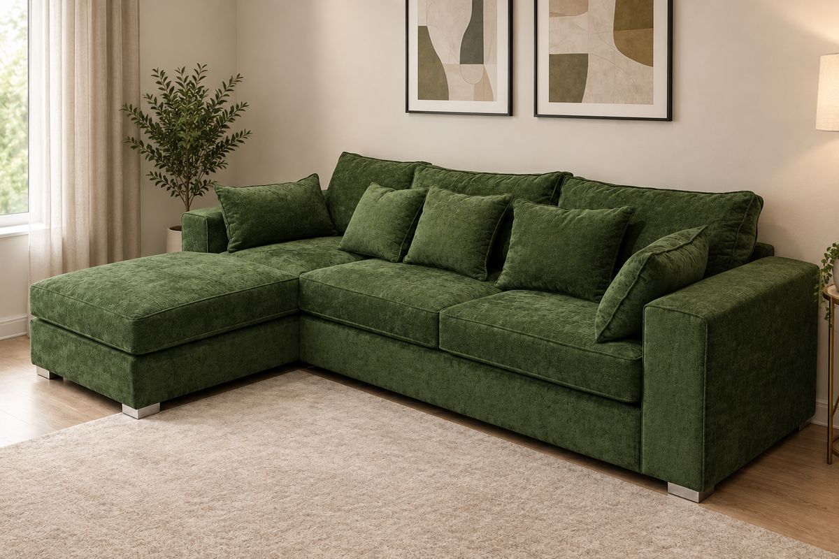 Luxury green L shaped corner sofa with chaise in a modern living room