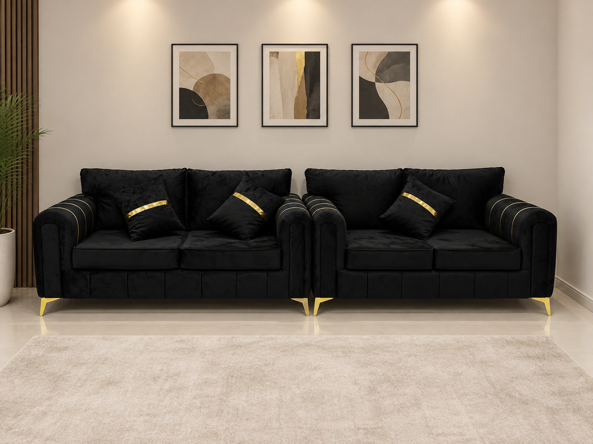 Luxury Lilly black 3+2 sofa set with golden legs & strips