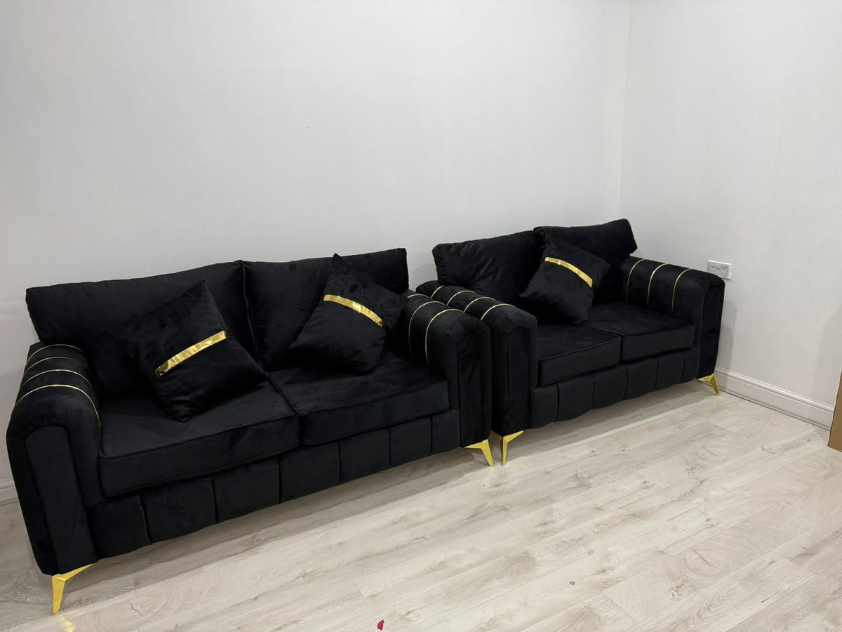 Luxury Lilly black velvet 3+2 sofa set with golden legs & strips.