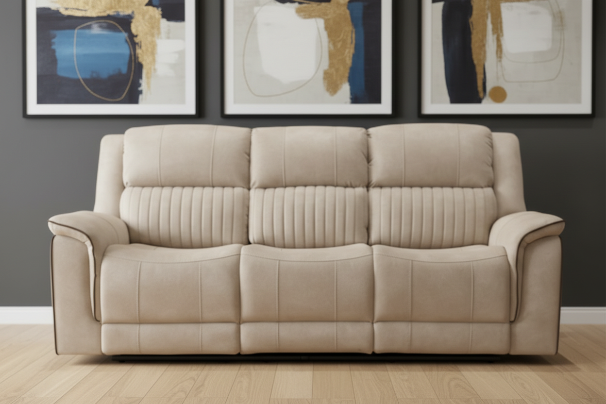Geneva Pro Fabric Electric Recliner Sofa 3 Seater Set (Beige) | Luxury Electric Recliner Sofa with Bluetooth Speakers, Cooling Cup Holders, LED Ambient Lighting, USB Charging Ports