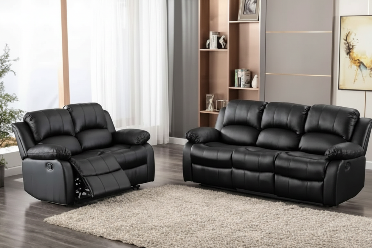 Milano 3+2 Black Recliner Sofa Set - Luxury Black Recliner Sofa Suite with Cinema Style Cup Holders