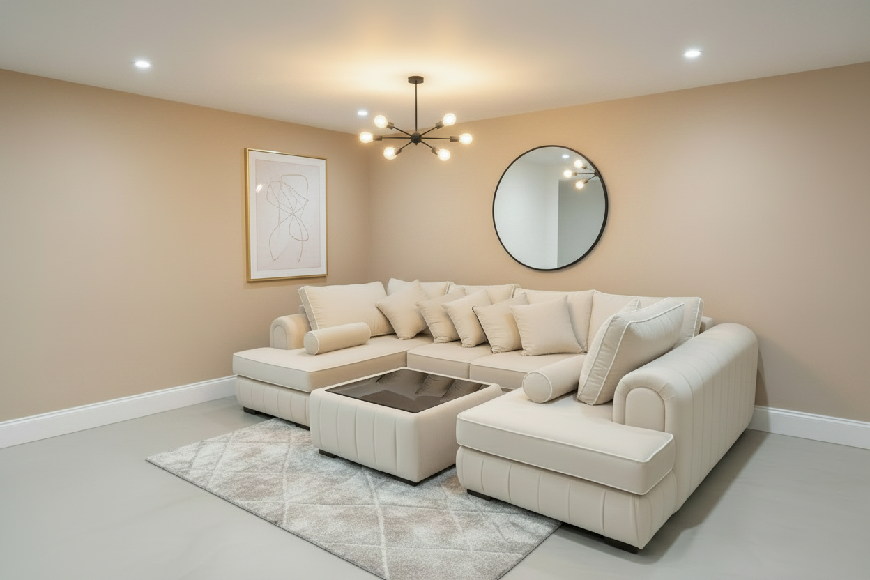 Beige sectional sofa in a living room with a round mirror and framed artwork on the wall.