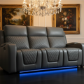 3 Seater Grey Leather Recliner Sofa with Drink Holder,USB Charging Ports,Speaker and LED Lighting.