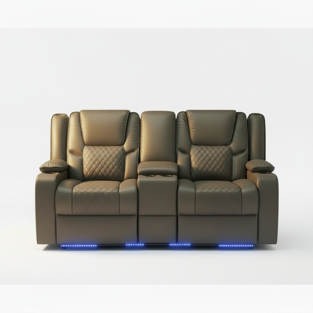 Grey leather recliner sofa with quilted design on a white background