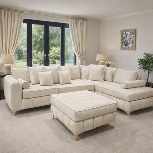 Living room with Cream sectional Corner sofa and footstool , large sofa seating sofa