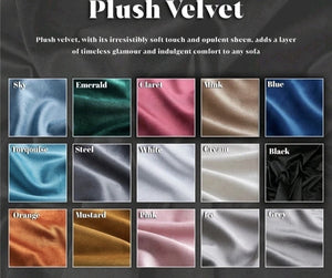 Plush velvet fabric swatches in various colors with descriptive text.