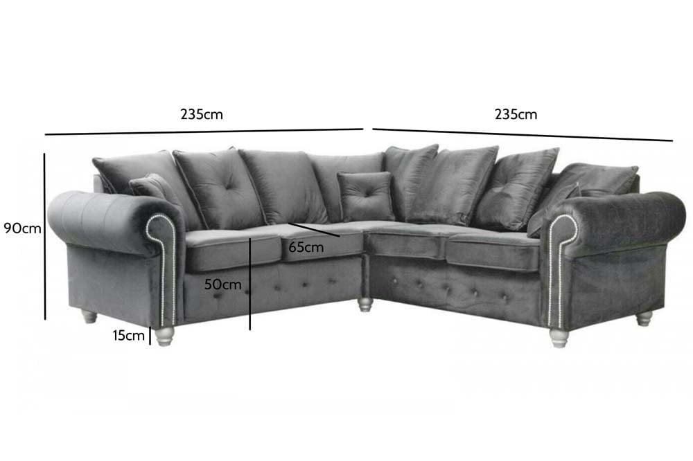 Gray sectional sofa with dimensions on a white background