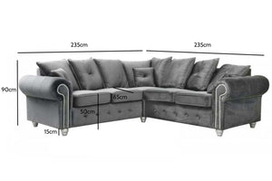 Gray sectional sofa with dimensions on a white background