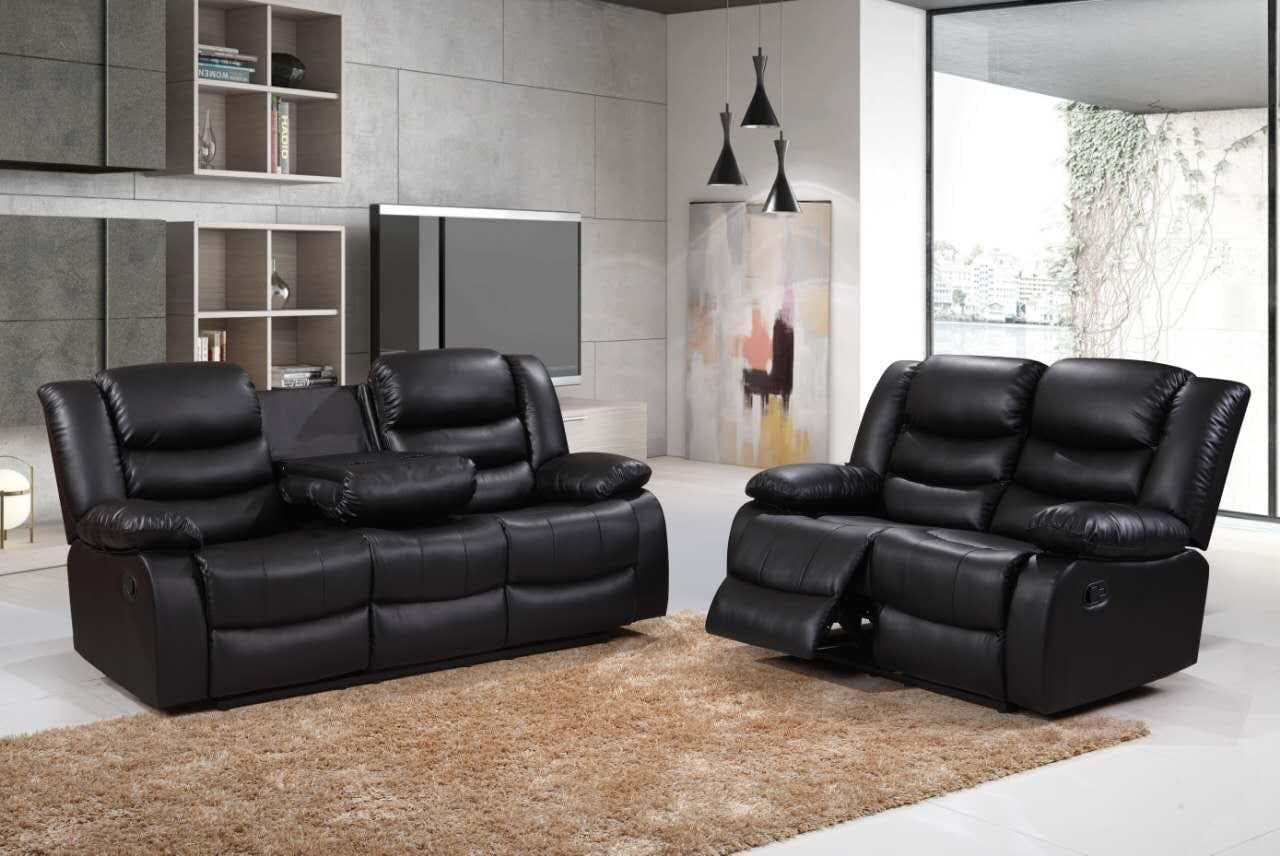 3+2 Seater Sofa Set – Black Leather Recliner Sofa with Cupholders